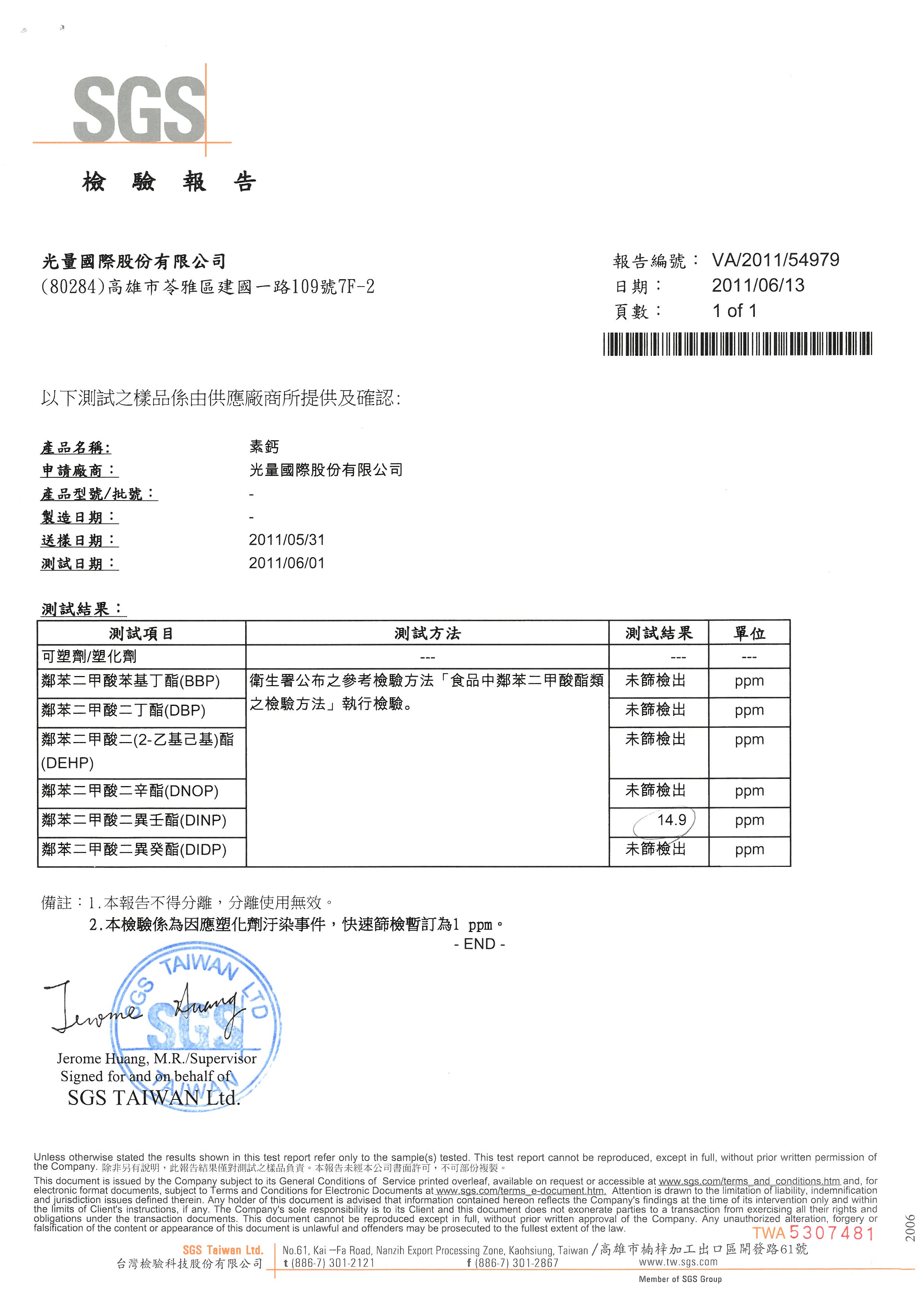 素鈣 SGS 檢驗報告